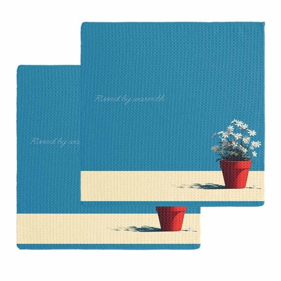 Blue Daisy Vase Kitchen Dish Towels for Drying Dishes Set of 2, Spring Floral Modern Art Waffle Weave Microfiber Hand Tea Bathroom Towels Quick Dry & Absorbent Towel 12x12