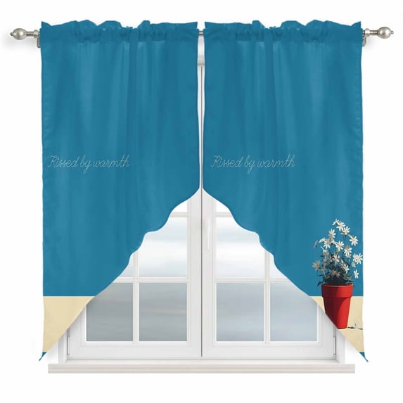 Blue Daisy Vase Swag Curtains for Kitchen/Bedroom/Living Room, Spring Floral Modern Art Scalloped Curtains 63 Inch Long, Rod Pocket Window Swag Topper Curtains Valances 2 Panels Set 36"x63"
