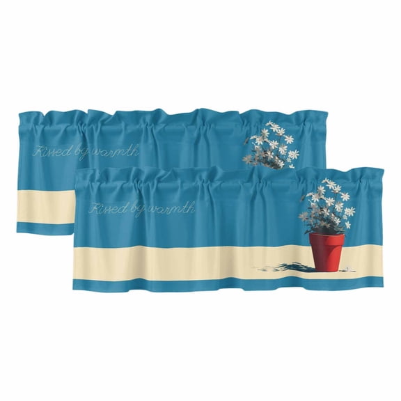 Blue Daisy Vase Valances for Windows, Spring Floral Modern Art Light Filtering Kitchen Curtains, Rod Pocket Window Valance Curtains for Living Room Bedroom, 42" W x 12" L, 2 Panels