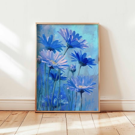 Blue Daisy Wildflower Painting Vibrant Floral Wall Art Impressionist Botanical Print Brigh