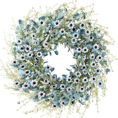 Blue Daisy Wreath 24 Inch Spring Summer Fake Silk Floral Wreath with Green Eucalyptus Leaves and Lavender for Front Door Window Wall Wedding Farmhouse Festival Decor