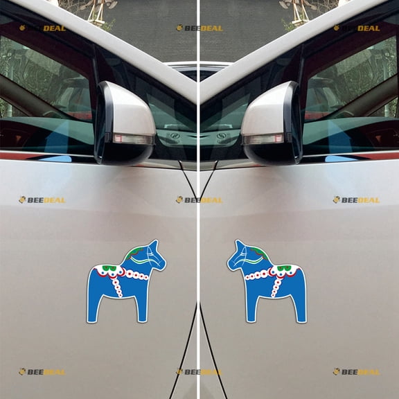 Blue Dala Horse Sweden Swedish Car Magnet Magnetic Sticker Decal - Pair Mirrored Reversed Reflective 4" - for Truck Door Fridge Reusable Waterproof