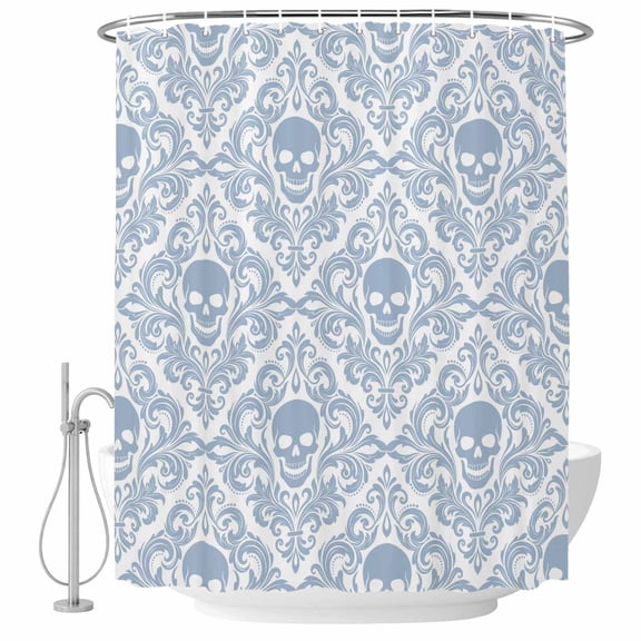 Blue Damascus Skeleton Fabric Shower Curtain Modern Abstract Flowers Pattern Washable Shower Curtains for Bathroom, Waterproof Bath Curtain with Hooks Home Decor 72x72in