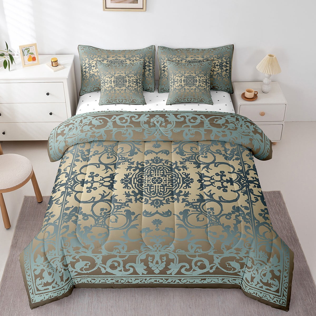 Blue Damask Bed in a Bag Queen Comforter Set 7 Piece Gothic Bedding Sets,Victorian Vintage ...