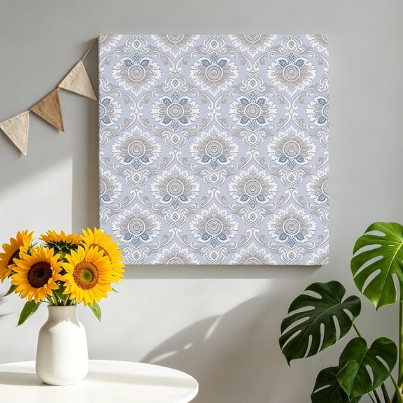 Blue Damask Canvas Wall Art for Living Room, Boho White Light Blue Floral Texture Wall Decor Framed Artwork Pictures Ready to Hang for Bedroom Office Home Decor 16x16 Inch
