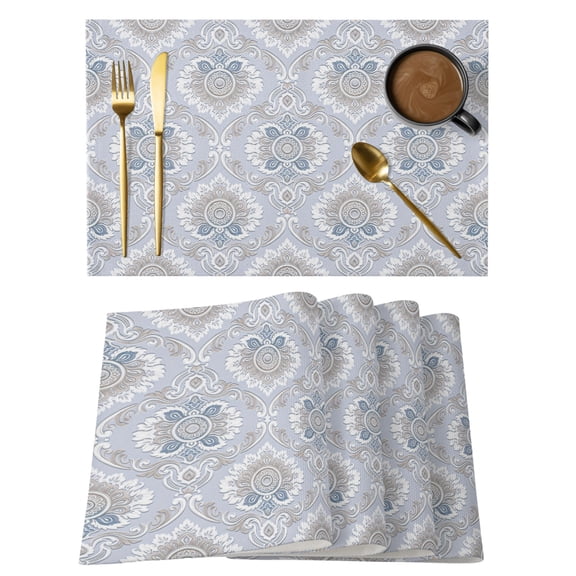 Blue Damask Cotton Linen Placemats Set of 1, Boho White Light Blue Floral Texture Washable Table Place Mats Heat Insulating Placemat for Dining Room Kitchen Daily Use 13 x 19 Inch