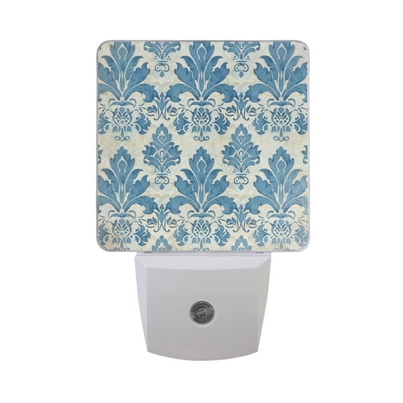 Blue Damask Patterned LED Night Light with Smart Sensor Plug Into Wall Dusk to Dawn 2 packs