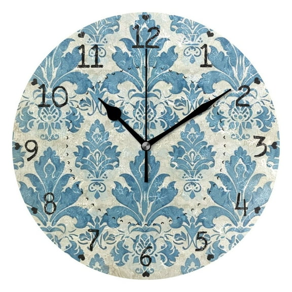 Blue Damask Patterned Round Wall Clock Silent Analog Battery Operated Black Pointer Home Decor 9.84" Diameter