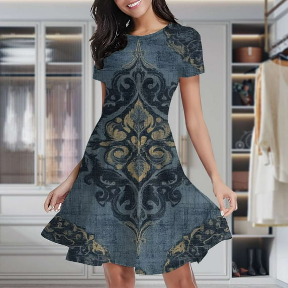 Blue Damask Patterned Rug Women's Classic Swing Skater Dress Casual Work Party Cocktail Dresses