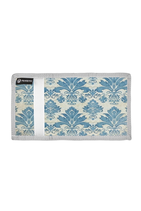 Blue Damask Patterned Trifold Wallets Card Holders Coin Pockets with Lanyards Portable Unisex