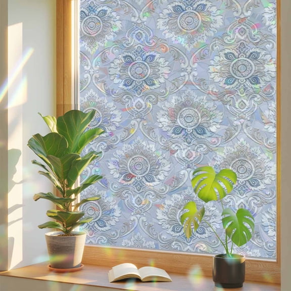 Blue Damask Window Privacy Film, Boho White Light Blue Floral Texture Stained Glass Rainbow Film Decorative Window Clings, Static Cling Sun Blocking Stickers 17.7" x 39.3"