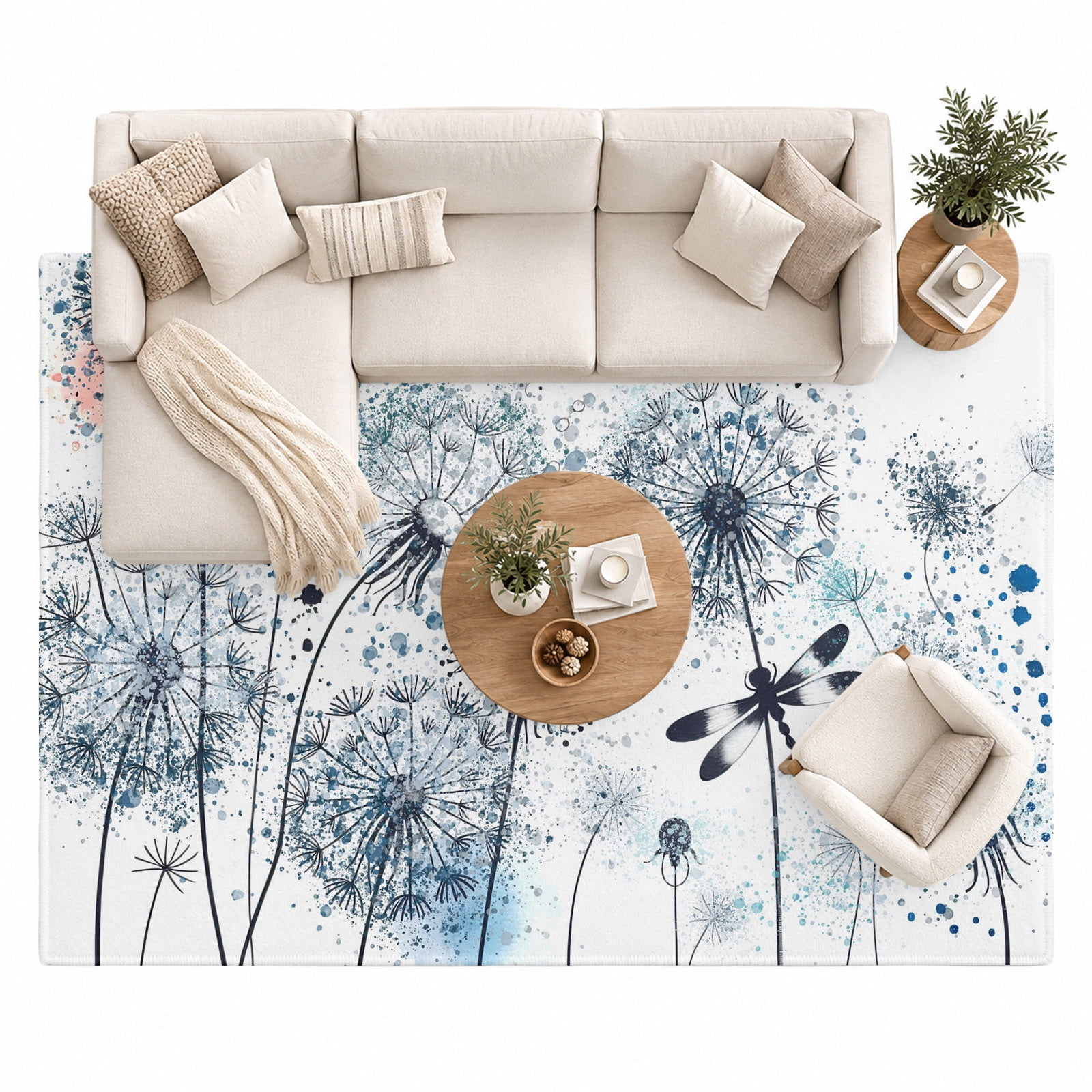 Blue Dandelion Area Rug 8'x10', Dragonfly Flower Plant Watercolor Plant ...