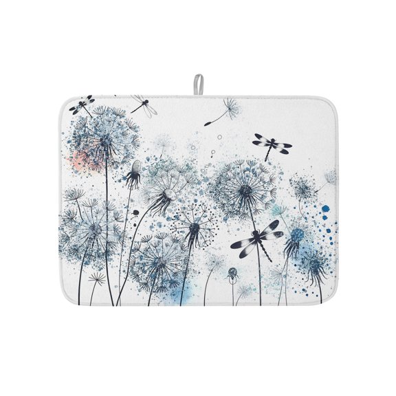 Blue Dandelion Dragonfly Dish Drying Mats for Kitchen Counter,Absorbent Microfiber Dish Drainer Rack Mat Black and White Style Drying Pad for Sinks,Utensils,Countertops,18x24in