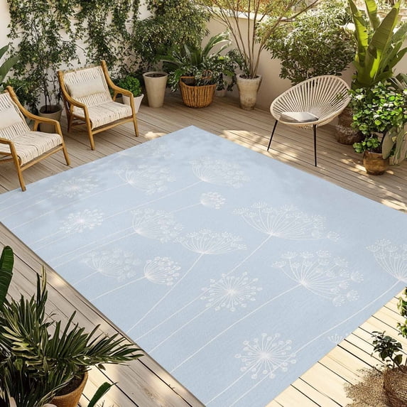 Blue Dandelion Outdoor Rug for Patio/Deck/Porch, Non-Slip Large Area Rug 3 x 5 Ft, Spring Modern Minimalist Country Flower Indoor Outdoor Rugs Washable Area Rugs, Reversible Camping Rug Carpet Runner