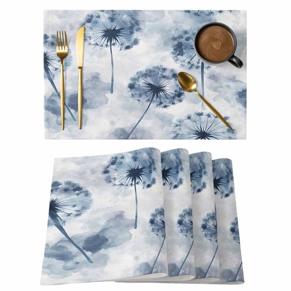 Blue Dandelion Placemats Set of 4, Pastoral Flowers Spring Farmhouse Plant Non-Slip Place Mats Washable Table Mats for Kitchen Dining Table Decorations Indoor/Outdoor