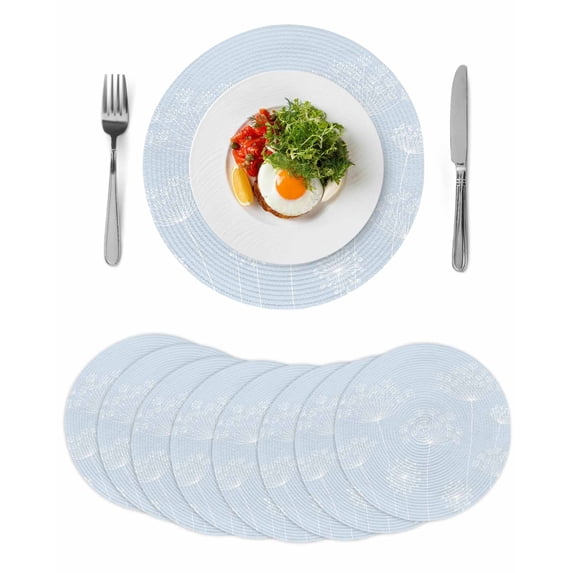 Blue Dandelion Round 13 Inch Placemats Set of 8, Spring Modern Minimalist Country Flower HeatResistant Non Slip Place Mats for Dining Table, Wipeable Braided Kitchen Table Mats for Housewarming