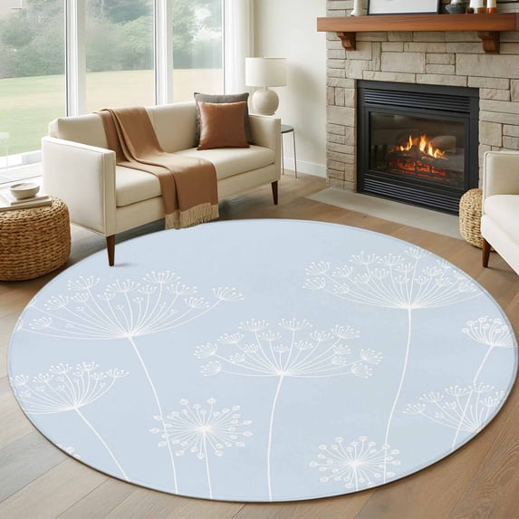 Blue Dandelion Round Rug 5ft Washable Circle Kitchen Rugs Non Slip Spring Modern Minimalist Country Flower Large Area Rug Indoor Floor Carpet for Bedroom Living Room Home Office Dining Room Nursery