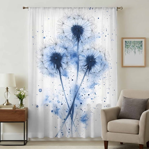 Blue Dandelion Sheer Curtains 45 Inches Long, Rustic Simple Botanical Spring Flowers Light Filering Curtains, Breathable Simi Curtain Privacy Drapes for Kitchen Bathroom Small Window Treatment