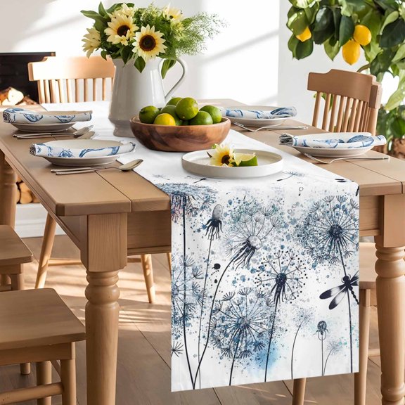 Blue Dandelion Table Runner, Dragonfly Flower Plant Watercolor Plant Washable Kitchen Table Runners Dress Scarves for Dining Table Decorations Party/Restaurant/Indoor Outdoor Use, 13x60in