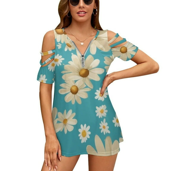 Blue Dasiy Pattern Womens Summer V Neck Zipper Top Short Sleeve T Shirt Off Shoulder Top Casual Classy Loose Shirts