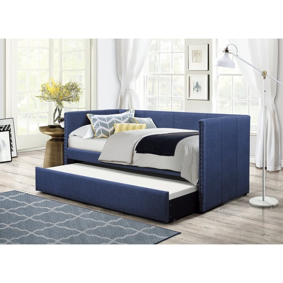 Blue Day Bed with Pull-out Trundle | Suitable for Bedroom Use, Rest or Sleep | Wood Frame and Polyester Upholstery with Nailhead Trim | Overcomes the Problem of Insufficient Sleep Space