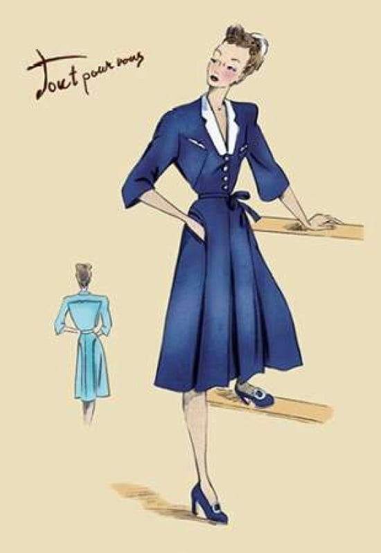 Blue Daytime Dress with Collar and Belt 1947 Canvas Art - Unknown (12 x 18)