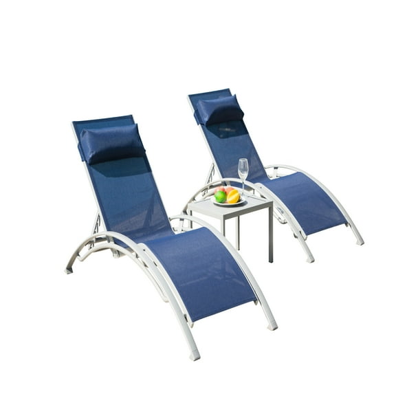 Blue Deck Adjustable Lounge Chairs - Ergonomic Aluminum With 5 Positions & Side Table For Poolside, Backyard Pool Chair Of 3 In Chaises Positions, Fabric And Metal Lawn
