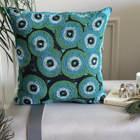 Blue Decorative Pillow Cover, Beads Abstract Sparkly Rhinestone Crystals Pillow Cover, 20x20 inch (50x50 cm) Pillow Case, Geometric Abstract Pillow Cover, Square Silk - Sea Tornado