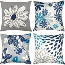 Blue Decorative Throw Pillow Covers 16x16 Set of 4, Blue and Grey Modern Daisy Floral Pillows Linen Pillow Covers for Couch Sofa Living Room