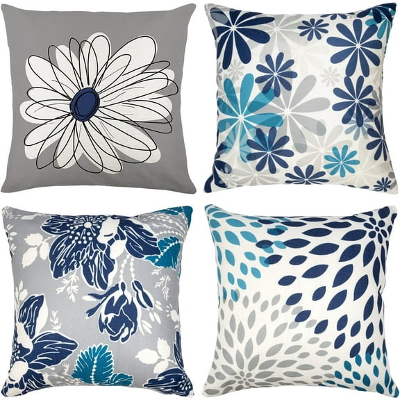 Blue Decorative Throw Pillow Covers 20x20 Set of 4, Blue and Grey Modern Daisy Floral Pillows Linen Pillow Covers for Couch Sofa Living Room