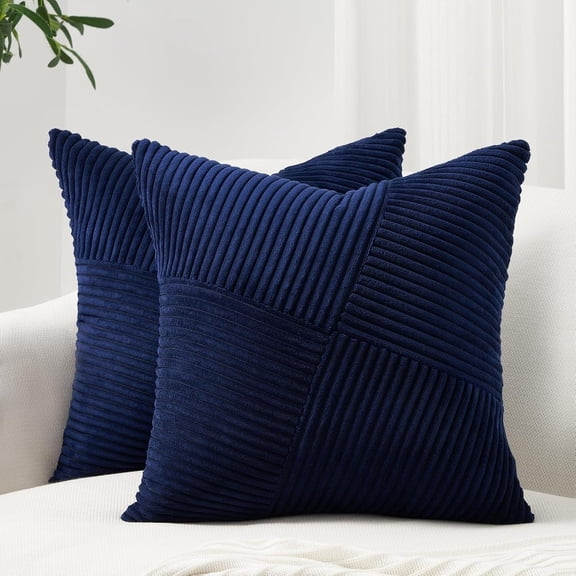 Blue Decorative Throw Pillow Covers 22x22 Set of 2 Boho Farmhouse Fall Home Decor Soft Corduroy Textured Striped Blue Pillow Covers for Autumn Living Room Sofa Couch Bed