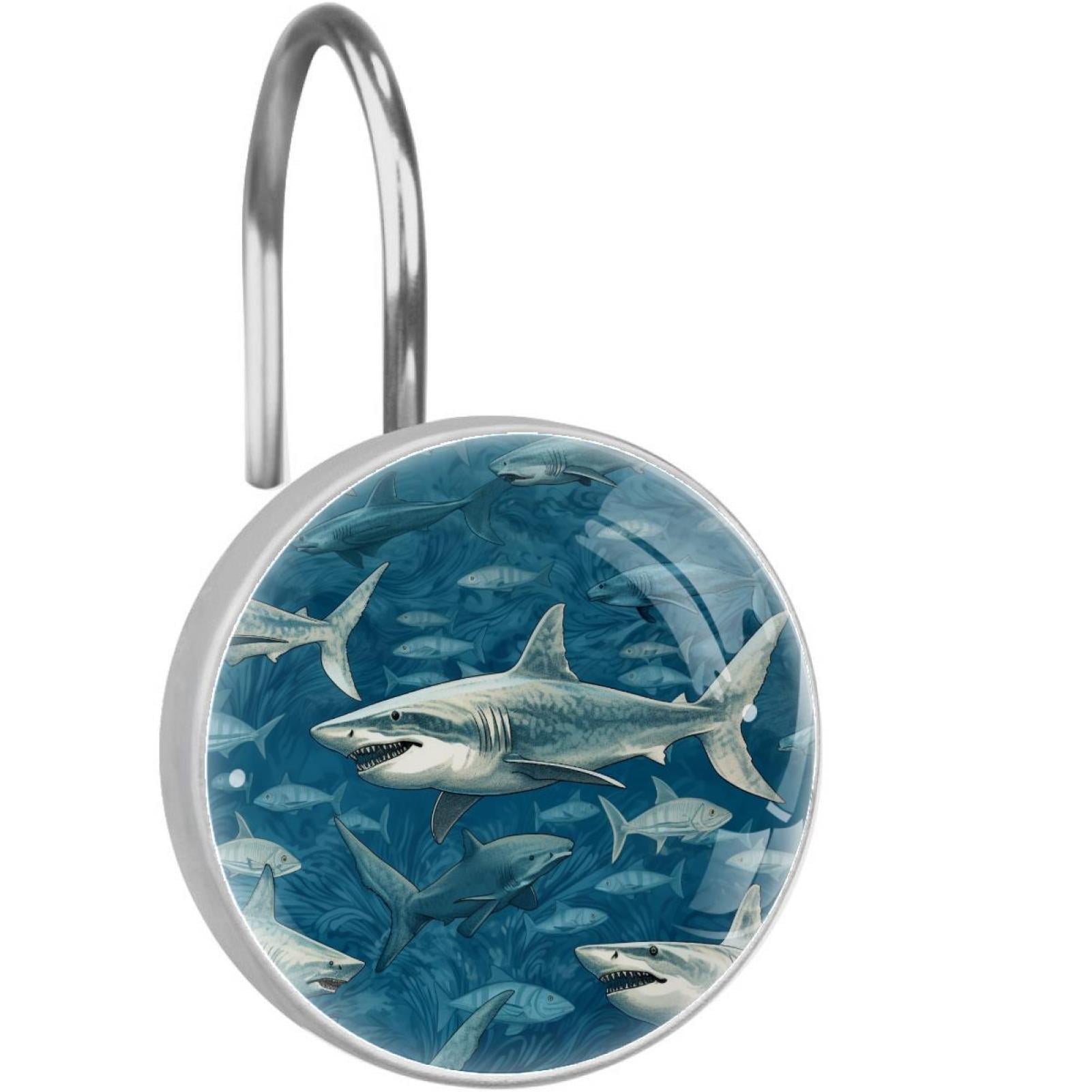 Blue Deep Sea Sharks Round Crystal Glass Decorative Shower Curtain