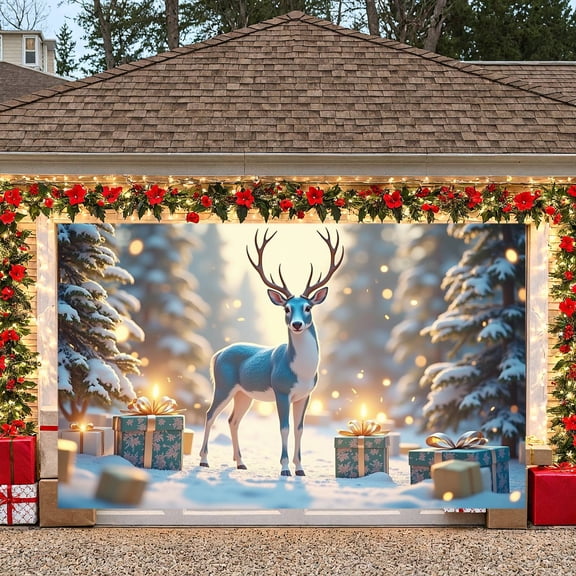 Blue Deer Christmas Deer Banner Snowy Trees Winter Scene Display Gift Boxes Golden Ribbons Holiday Reindeer Backdrop for Christmas Party Winter Celebration Holiday Decoration