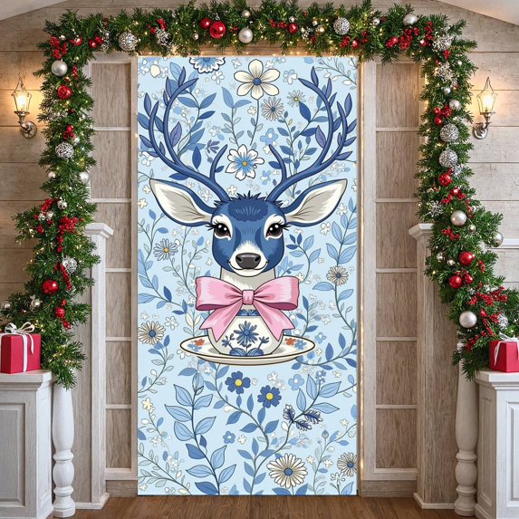 Blue Deer Floral Banner Pink Bow Vintage Teapot Display Floral Pattern Blue and White Porcelain Botanical Teapot Background for Home Decoration Photo Backdrop Vintage Theme Party