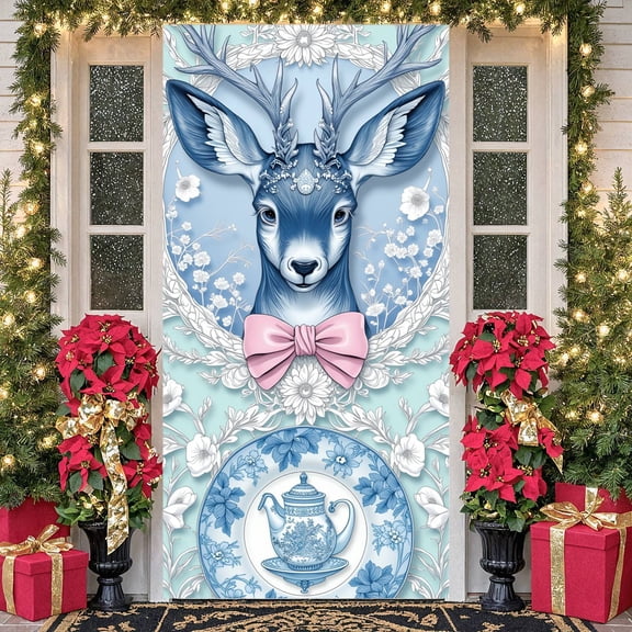 Blue Deer Floral Banner Pink Bow Vintage Teapot Display Floral Pattern Blue and White Porcelain Botanical Teapot Background for Home Decoration Photo Backdrop Vintage Theme Party