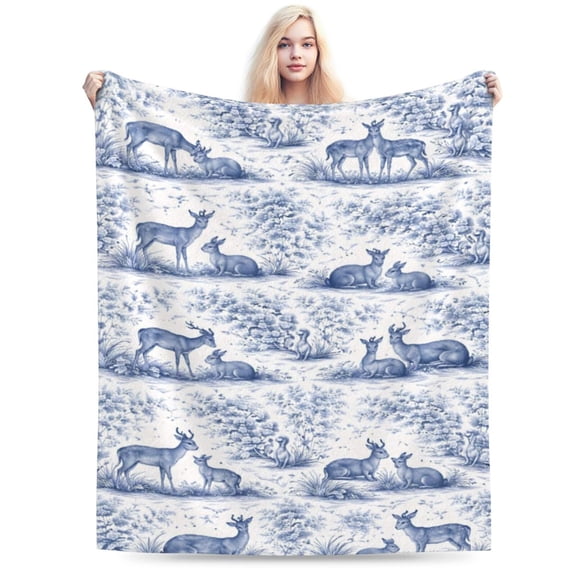 Blue Deer Throw Blanket, Soft Flannel Fleece Blanket with Woodland Animal Scene, Vintage Farmhouse Decorative Blanket for Sofa Couch Bed 50x40