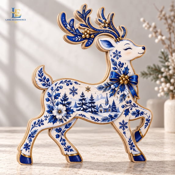 Blue Delft Reindeer 3Layer Wooden Block Christmas Decor - Walmart.com