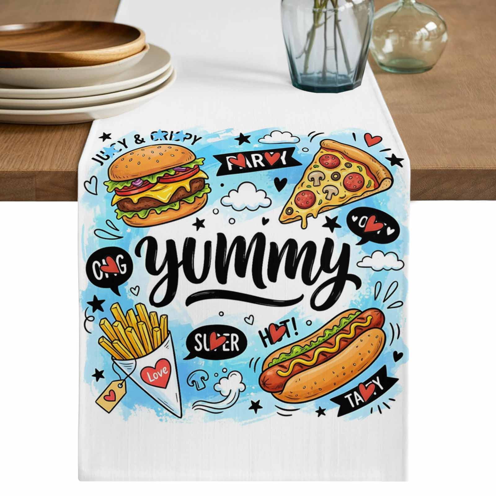 Blue Delicacy Table Runner 108 Inches, Cartoon Funny Watercolor Yummy ...