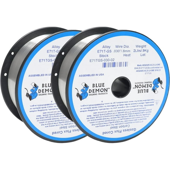 Blue Demon E71TGS X .030 X 2 X 2 Pack LB MIG/GMAW Gasless Flux Core Carbon Steel Welding Wire, All Position, Easy Slag Removal, Formulated To Provide Porosity-Free, X-Ray Quality Welds