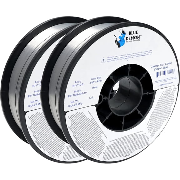 Blue Demon E71TGS X .035 X 10 LB X 2 Pack MIG/GMAW Gasless Flux Core Carbon Steel Welding Wire, All Position, Easy Slag Removal, Formulated To Provide Porosity-Free, X-Ray Quality Welds
