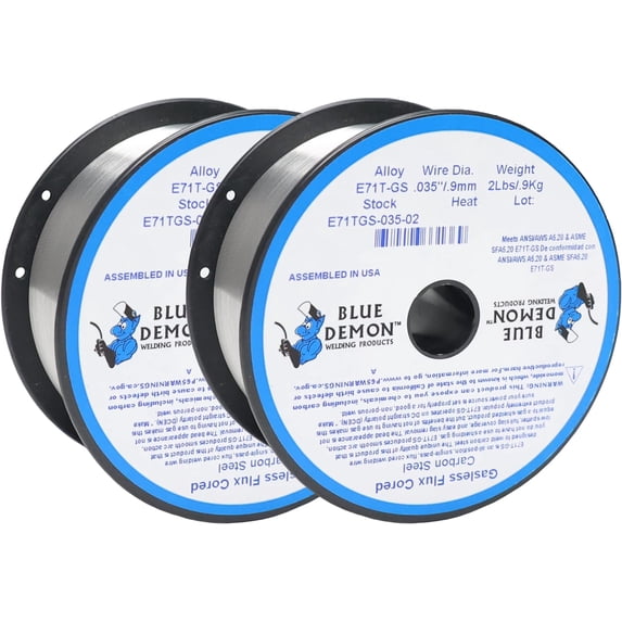 Blue Demon E71TGS X .035” X 2 LB X 2 Pack MIG/GMAW Gasless Flux Core Carbon Steel Welding Wire, All Position, Easy Slag Removal, Formulated To Provide Porosity-Free, X-Ray Quality Welds