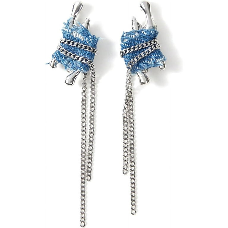 Blue Denim Dangle Earrings, Linear Drop Tassel Sliver Plated