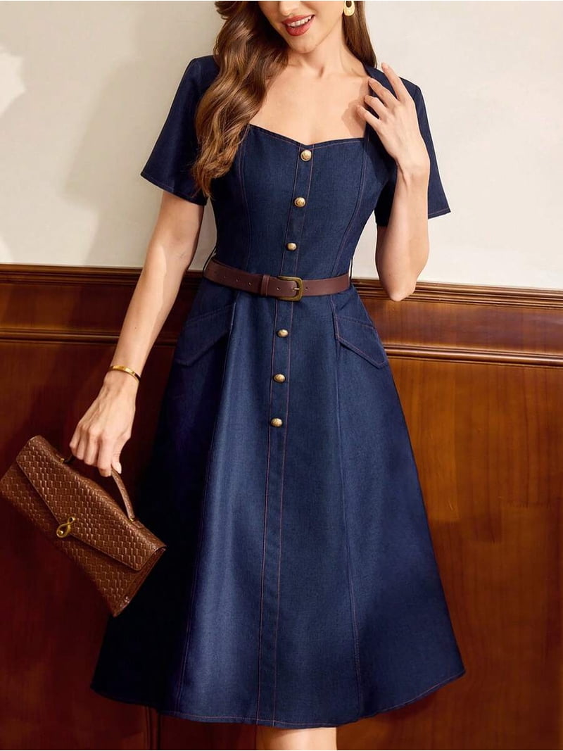 denim fit and flare dress in Washed Blue The Annie dress is arranged with a fit Blue Denim Fit & Flare