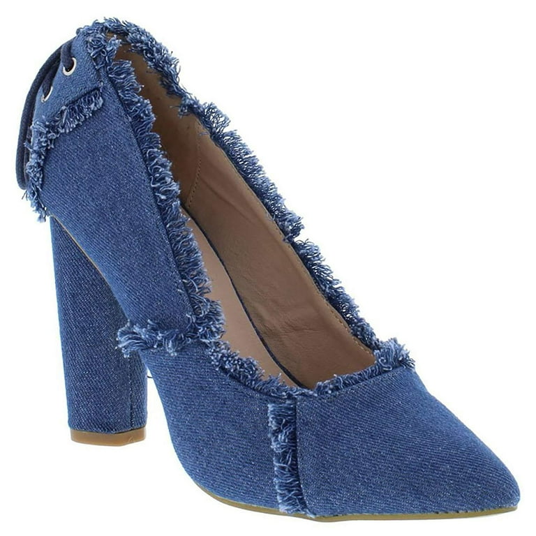 Heel Shoes Denim Lace Up Heels Blue Denim Frayed Rear Lace Up