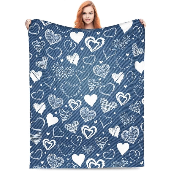 Blue Denim Hearts Blanket Throw Blanket Soft Fuzzy Travel Blanket for Bedroom Living Room Couch Office Car All Season Gift for Girls Boys Women Men 80"x60"