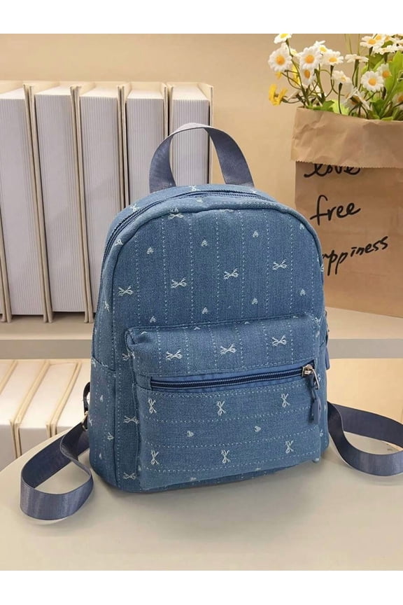 Blue Denim Mini Backpack With Embroidered Pattern And Front Zip Pocket