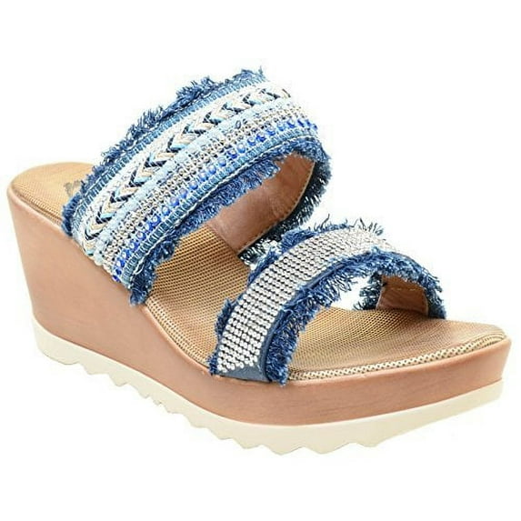Blue Denim Rhinestone Wedge Platform Women's Sandals