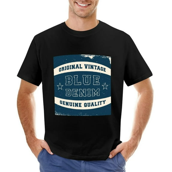 Blue Denim Vintage T-shirt Mens Cotton Classic Crewneck Short Sleeve Tees Unisex Black S