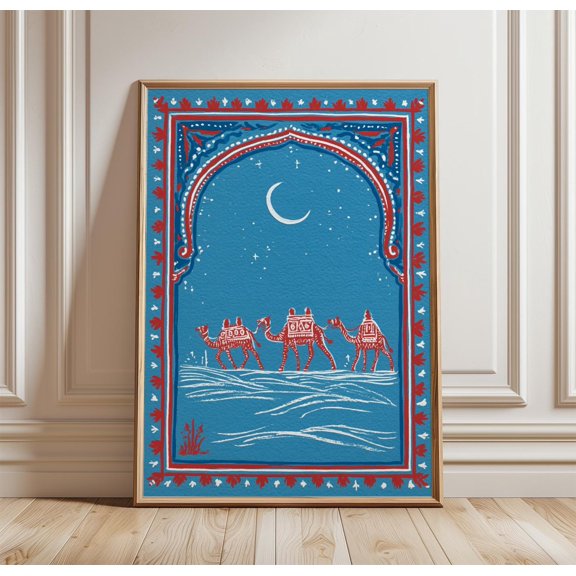 Blue Desert Caravan Poster Moroccan Camel Wall Art Folk Print 2