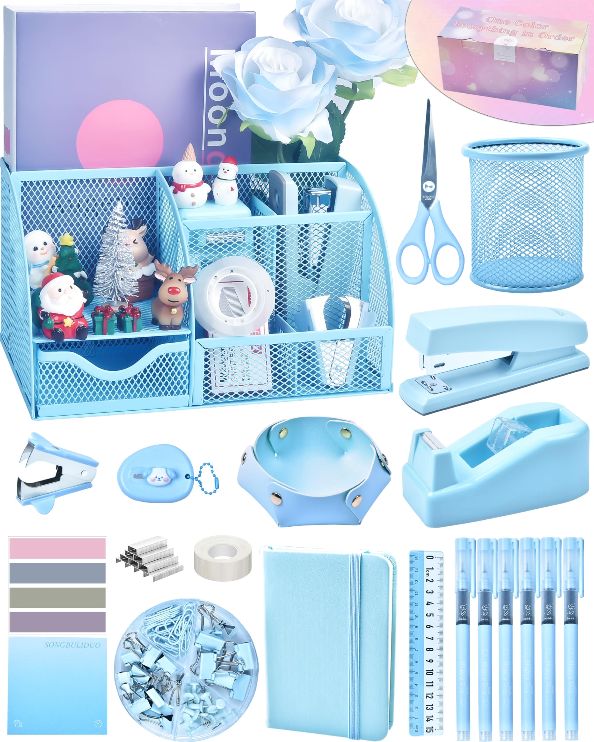 Blue Desk Accessories  26pcs Office Supplies And Organizers With Tape Dispenser Stapler Staple Remover Ect Gift Box Packaging